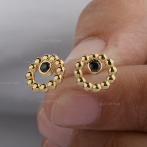 Beaded Round Circle Genuine 0.05 Ct Black Diamond Tiny Stud Earrings| Solid 14K Yellow Gold | Black Diamond Earrings Minimalist Fine Jewelry
