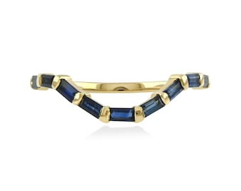 Baguette Blue Sapphire Nesting Ring, 14K Yellow Solid Gold Crown Wedding Band