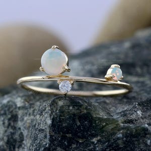 Real Australian Opal Diamond Ring, 14K Solid Yellow Gold, Wedding Ring, Stackable Ring, Three Stone Ring, Minimalist Jewelry, Gift For Her