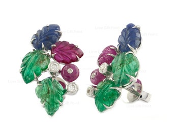 18K Gold Tutti Frutti Earrings, Natural Sapphire, Emerald, Ruby, Diamond
