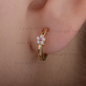 Floral Huggie Hoop Earrings Genuine Ruby Gemstone & SI Clarity G-H Color Diamond Solid 14k Yellow Gold Handmade Minimalist Fine Jewelry Gift