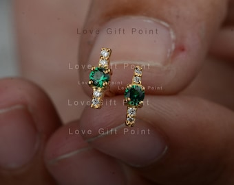 Solitaire AAA Zambian Emerald Stud Earrings | SI Clarity G-H Color Pave Diamonds Stud Earrings | Solid 14K Yellow Gold Tiny Earrings | Pair