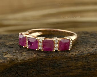 Square Cut Ruby Diamond Pave Engagement Ring 14K Rose Gold July Birthstone