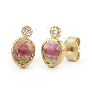 Watermelon Tourmaline Diamond Stud Earrings: 14K Yellow Gold, Bi-Color Gemstone