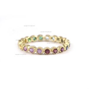 Genuine Multi Sapphire Full Eternity Band Ring, Solid 14K Yellow Gold Ring, Milgrain Edge, Handmade Fine Minimalist Valentine Gifts