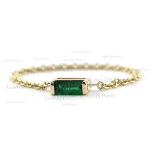 Chain Ring Genuine 0.13 Ct. Baguette Cut Zambia Emerald Gemstone | Solid 14K Yellow Gold | Emerald Wedding Ring | Minimalist Jewelry Gift