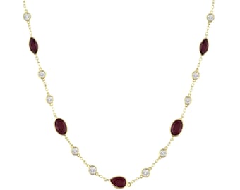 Natural Ruby and Diamond Station Choker Necklace Solid 14K Yellow Gold Bezel Set Necklace July Birthstone