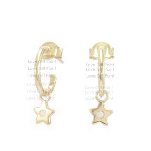 Solid 14K Yellow Gold Star Charm Huggie Hoop Earrings Genuine SI Clarity G H Diamond Earrings Jewelry Birthday Gift For Her