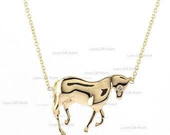 14K Gelbgold Pferd Anhänger Halskette, Diamant Tier Schmuck