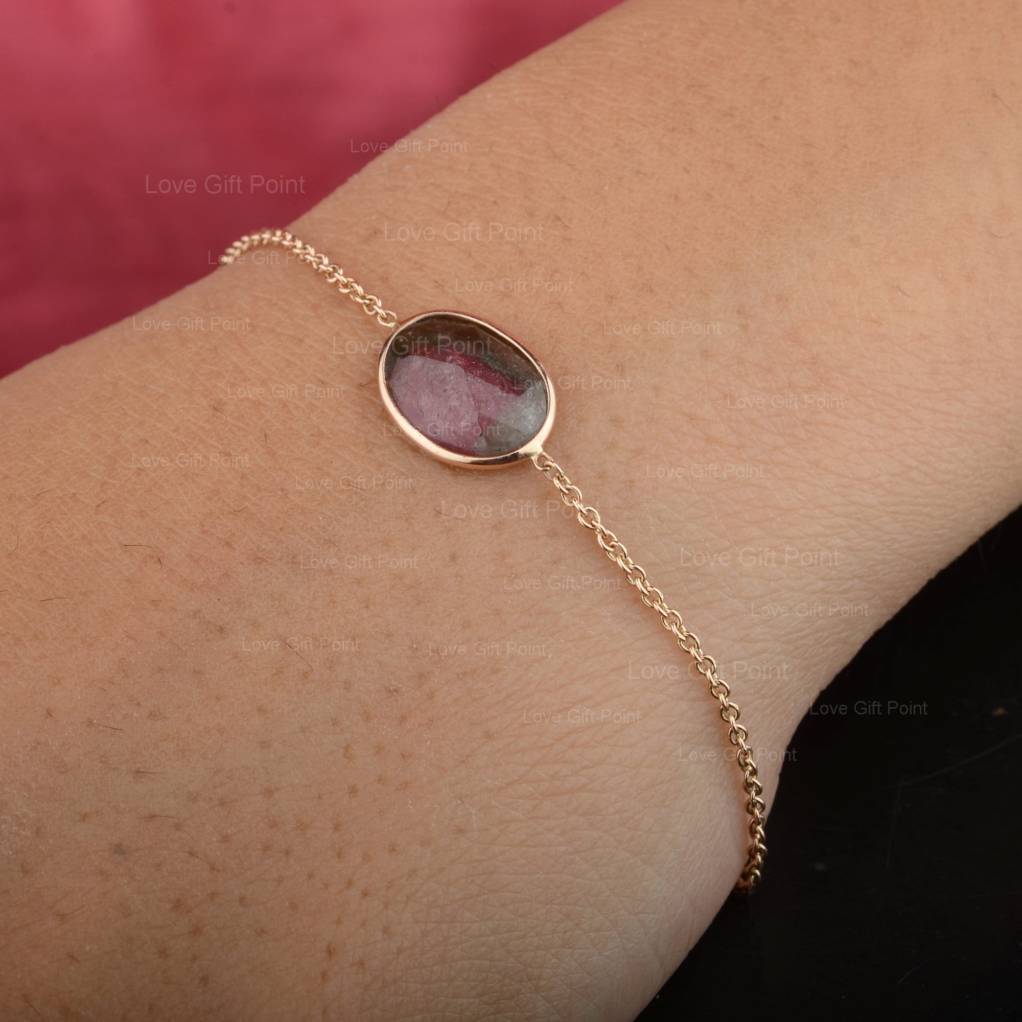 Watermelon Tourmaline Natural Chain Bracelet Jewelry Solid 14K Yellow Gold Handmade Fine Spring Lock Bracelet Jewelry Special Gift For her.