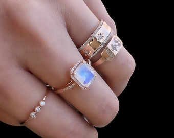 Anillo de compromiso de piedra lunar arcoíris: alianza de boda de oro amarillo de 14k con diamantes.