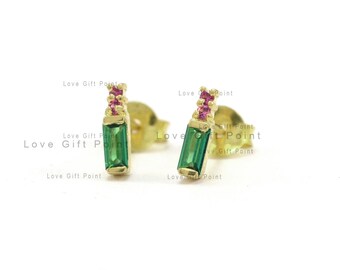 14Kゴールド製ザンビア産エメラルド＆ルビースタッドピアス - Etsy 日本