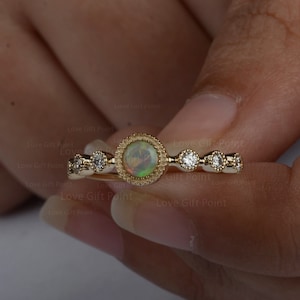 Genuine Australian Opal Gemstone Diamond Engagement Ring in Solid 14K Yellow Gold Wedding Band Ring Handmade Jewelry Gift