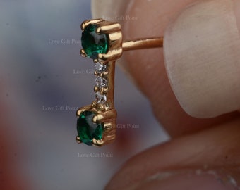 Zambia Emerald Gemstone & SI Clarity G-H Color Diamond Bar Stud Earrings Solid 14K Yellow Gold Minimalist Earrings Delicate Jewelry
