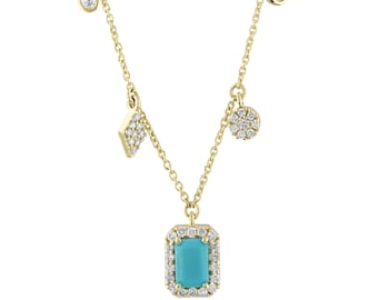 Natural Sleeping Beauty Turquoise Diamond Necklace, 14K Solid Gold, Diamond Accent, Multi Charm Necklace