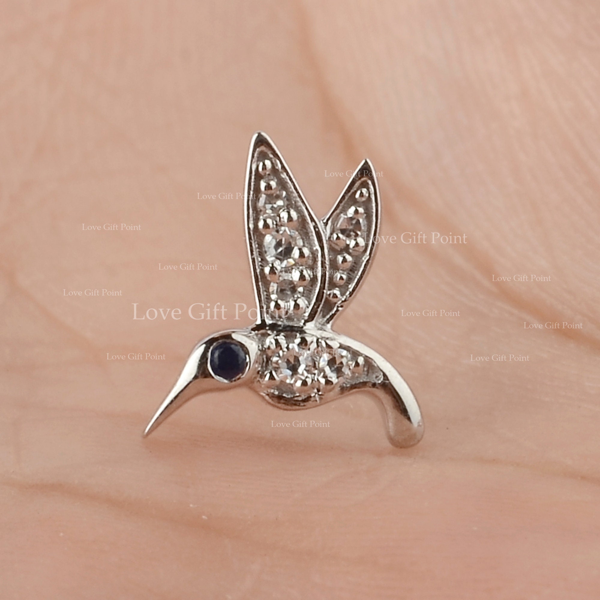 Sapphire Diamond Bird Stud Earrings | 14K White Gold Minimalist 