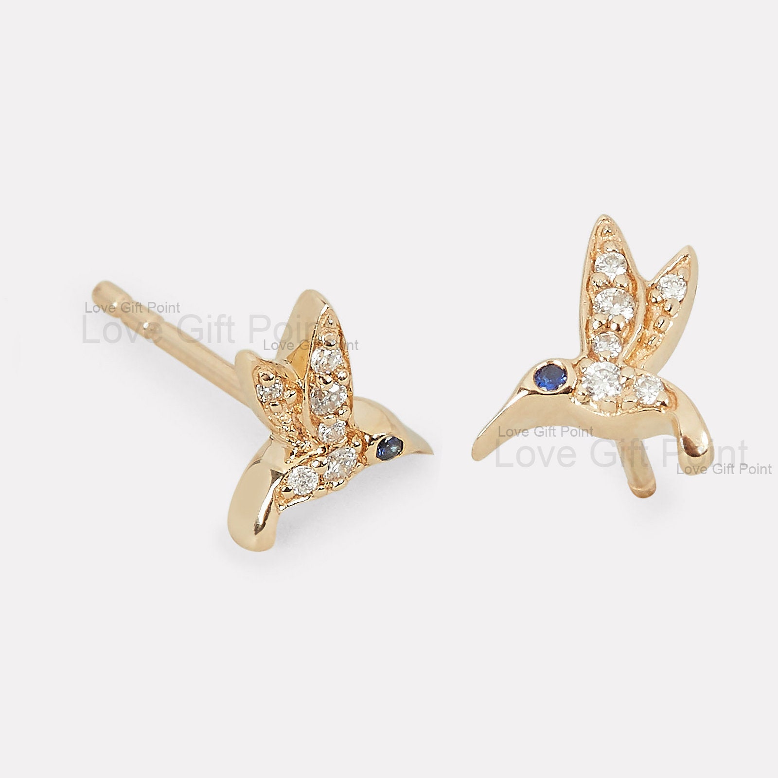 Sapphire Diamond Bird Stud Earrings | 14K White Gold Minimalist 