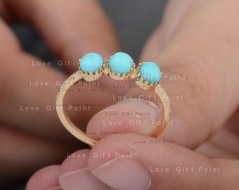 Birthstone Of December Natural 0.45 Ct. Sleeping Beauty Arizona Turquoise Gemstone Diamond Ring Solid 14K Yellow Gold Handmade Jewelry