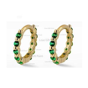 Genuine Zambia Emerald Gemstone Huggie Hoop Earrings 14K Solid Gold Personalized Stones Earrings Available In 8mm, 10mm, 12mm Sizes