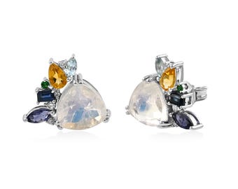 Triangle Rainbow Moonstone Studs/ 14K White Gold/ Multi Gemstone Cluster Stud Earrings/ Handmade Jewelry/ Love Gift Point