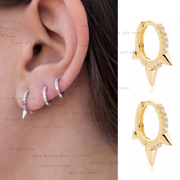 14k Solid Gold Genuine Pave SI Clarity G-H Color Diamond Spikes Huggie Hoop Earrings Minimalist Handmade jewelry Fine Christmas Special Gift