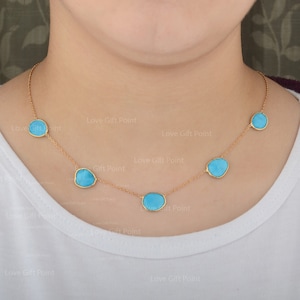 Solid 18K Yellow Gold Station Choker Necklace Genuine 7 Ct Sleeping Beauty Turquoise Necklace Minimalist Jewelry Valentine Gift