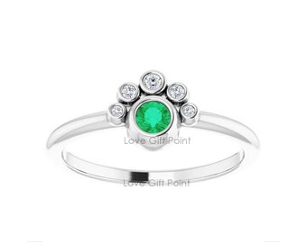 Solid 14K White Gold Genuine 0.18 Ct.Zambia Emerald Gemstone & Paw SI Clarity G-H Color Diamond Solitaire Wedding Engagement Ring