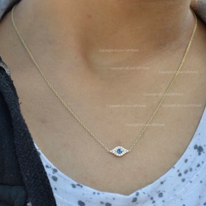 14k Sold Gold Diamond Evil Eye Necklace / 14k Gold Blue Sapphire Necklace / Diamond Necklace / Good Luck Necklace / Graduation Gift
