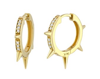 Diamond Pave Five Spike Hoop Earrings, 14K Gold Modern Style Punk Jewelry