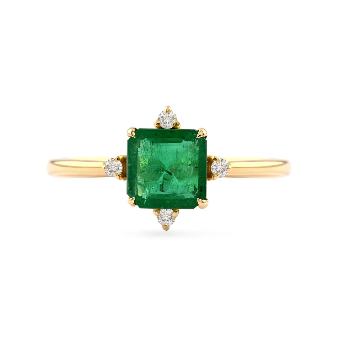 Natural Square Zambia Emerald Ring, Diamond Pave Solitaire Ring, Solid 10K/14K/18K Gold Ring, Wedding Ring, Christmas Gifts - Etsy Japan
