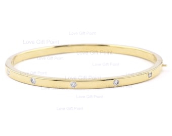 Solid 14K Yellow Gold Genuine 0.35 Ct SI Clarity GH Color Diamond Eternity Bangle Bracelet Handmade Party Wear Bangle Certified Jewelry Gift