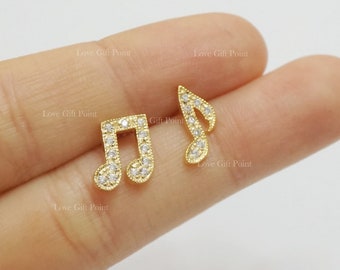 Symbol Music Sign Earrings | SI Clarity G-H Color Diamonds Stud | Solid 14K Yellow Gold Stud | Music Note Valentine's Pair Stud Earrings