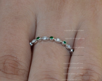 Emerald Eternity Band Ring, 14k White Gold & Diamond Minimalist Jewelry