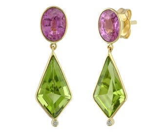 Natural Kite Shape Peridot and Oval Pink Sapphire Dangle Drop Earrings, 14K Solid Gold, Pink Green Earrings