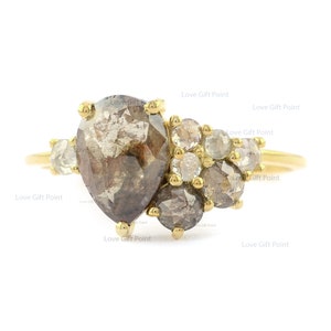Anel de diamantes sal e pimenta lapidados em formato de pipa: anel de noivado em ouro amarelo 14K