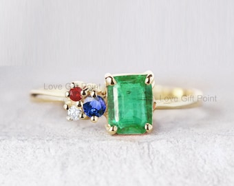 Genuine Emerald Diamonds Sapphire ruby Ring 14K Solid Yellow Gold Minimalist delicate statement layer stackable Band Ring Jewelry Christmas