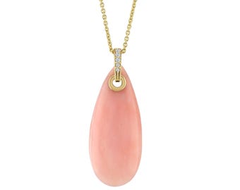 Pink Opal Teardrop Necklace With Pave Diamonds, 10K/14K/18K Solid Gold, Pear Shape Pendant, Statement Jewelry