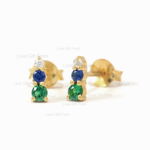 Genuine Zambia Emerald - Blue Sapphire - Diamond Tiny Bar Studs - Solid 14K Yellow Gold Handmade Fine Birthday Gift For Her Dainty Earrings
