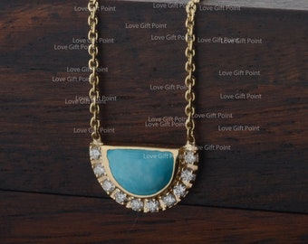 Sleeping Beauty Turquoise Pendant Necklace, Diamond Pave, 14k Yellow Gold