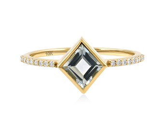 Natural Aquamarine Diamond Pave Wedding Ring, 14K Solid Gold, Statement Ring, March Birthstone Gift for Her