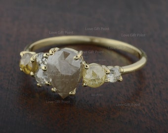 Anillo de compromiso de diamantes sal y pimienta, anillo de oro amarillo de 14 quilates con racimo