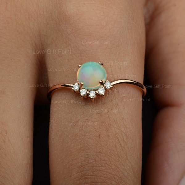 Genuine Rainbow Australian Opal Gemstone Crown Ring Solid 14k Yellow Gold Wedding Band Pave SI Clarity G-H Color Diamond Minimalist Ring