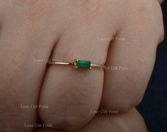 Genuine 0.31 Ct Baguette Cut Zambia Emerald Gemstone Solitaire Wedding Band Ring Handmade Jewelry Solid 14K Yellow Gold Birthstone Of May