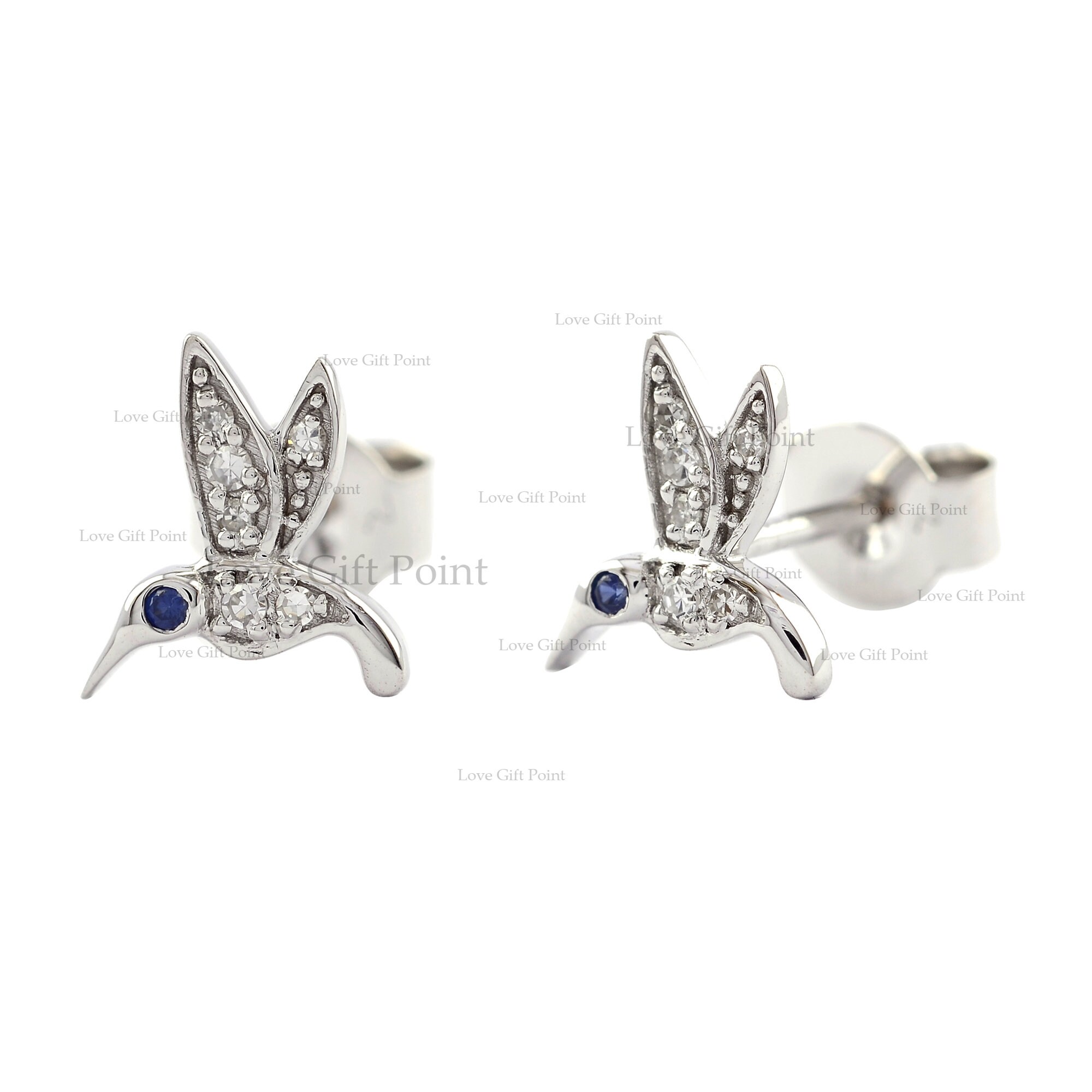 Sapphire Diamond Bird Stud Earrings | 14K White Gold Minimalist 