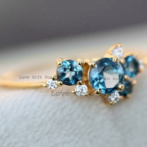 Natural London Blue Topaz Gemstone Real SI Clarity G-H Color Diamond Stackable Ring Solid 14K Yellow Gold Handmade Minimalist Fine Jewelry