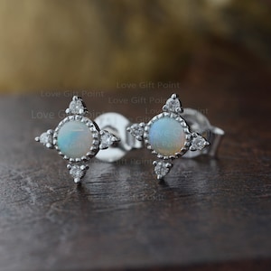 Genuine Ethiopian Opal Gemstone Pave Diamond Minimalist Stud Earrings | Solid 14K Yellow Gold | Handmade Earrings Jewelry | Pair Earrings