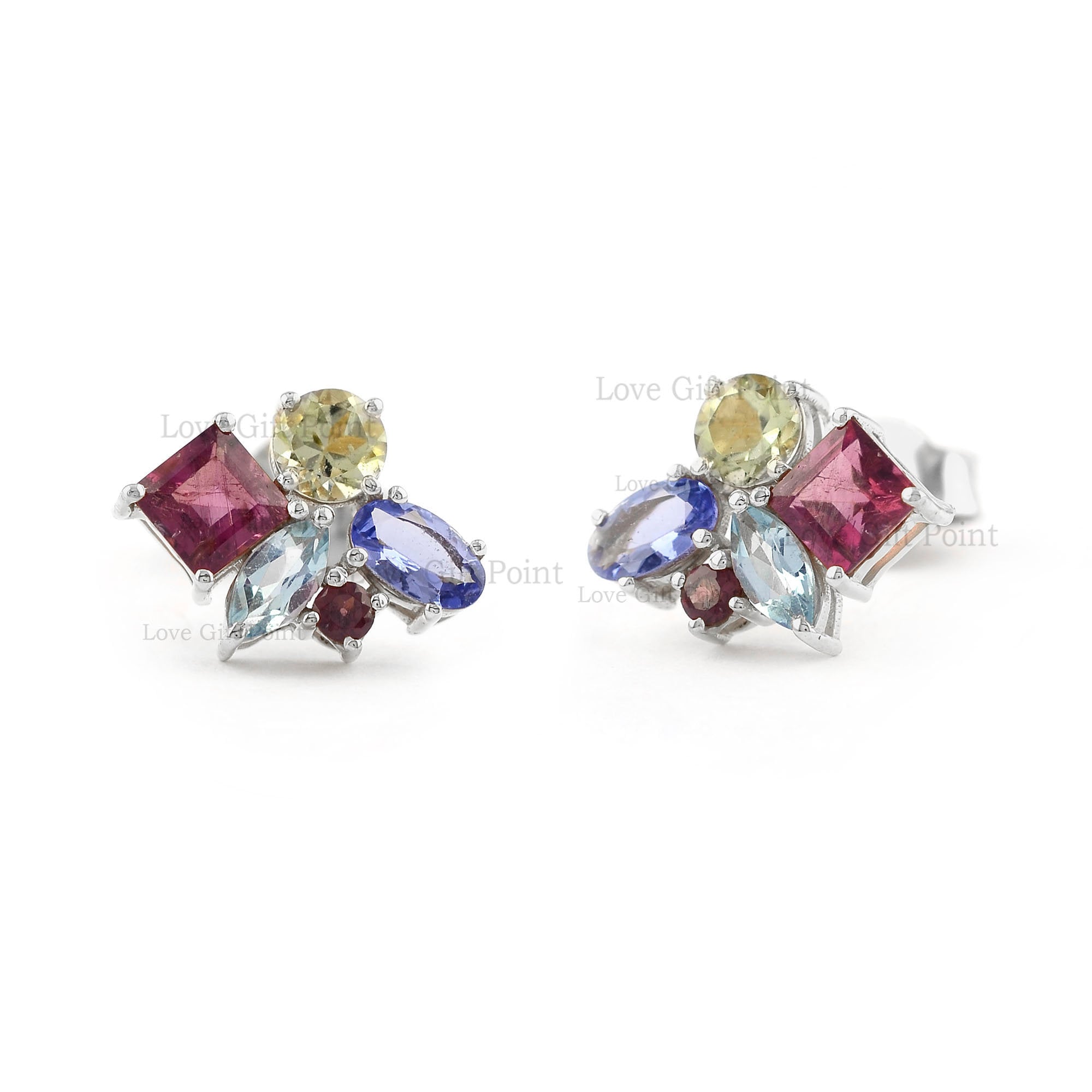 Mix Shape Gemstone Cluster Stud Earrings/ Multi Stone