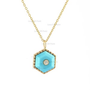 Genuine Hexagon Sleeping Beauty Turquoise Diamond Pendant Necklace Solid 14k Yellow Gold Handmade Geometric Necklace Jewelry Gift