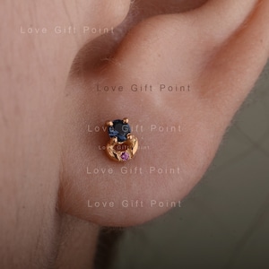 Solitaire Tiny Studs | Blue Sapphire Earrings | Natural Ruby | Solid 14K Yellow Gold Studs | Valentine&#39;s Stud Pair Earrings | Gift For Her