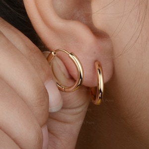 Solid 14K Yellow Gold 2.5 mm Thick Huggie Hoop Earrings Handmade Jewelry, 8mm, 10 mm, or 12 mm Inner Diameter Wedding Earrings Fine Jewelry